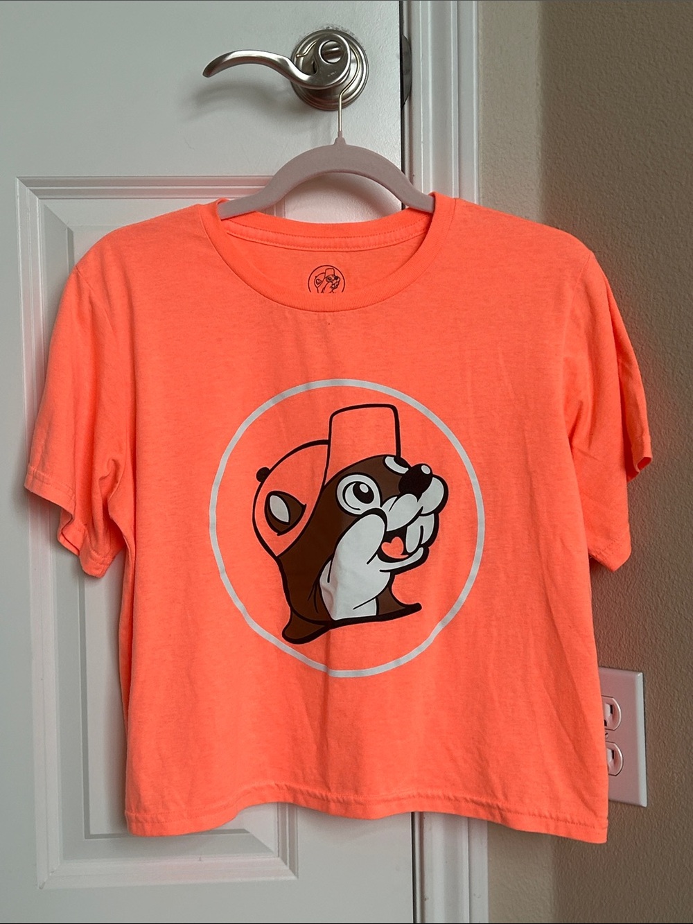 Neon Orange Graphic Crop Tee with Playful Mascot Illustration